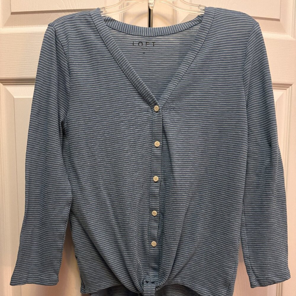 LOFT Blue & White Striped Tie Front Top Size Medium NWT